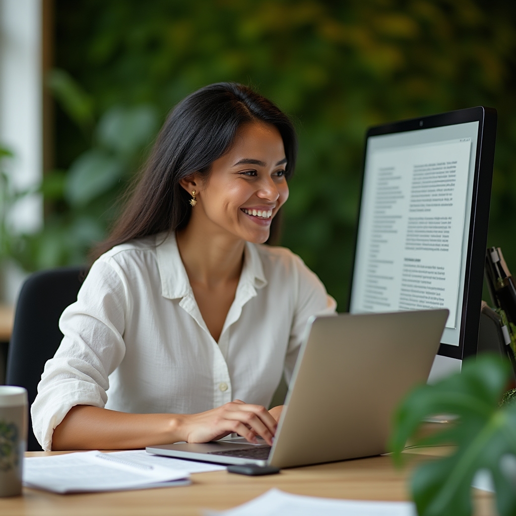 Writer crafting a long-form article at a standing desk surrounded by plants and natural light