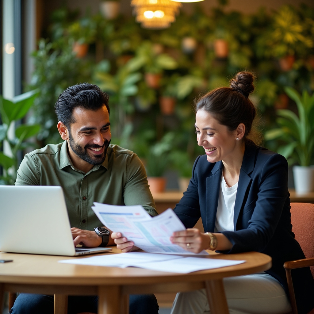Content strategist and client reviewing content plan together in a modern eco-friendly office