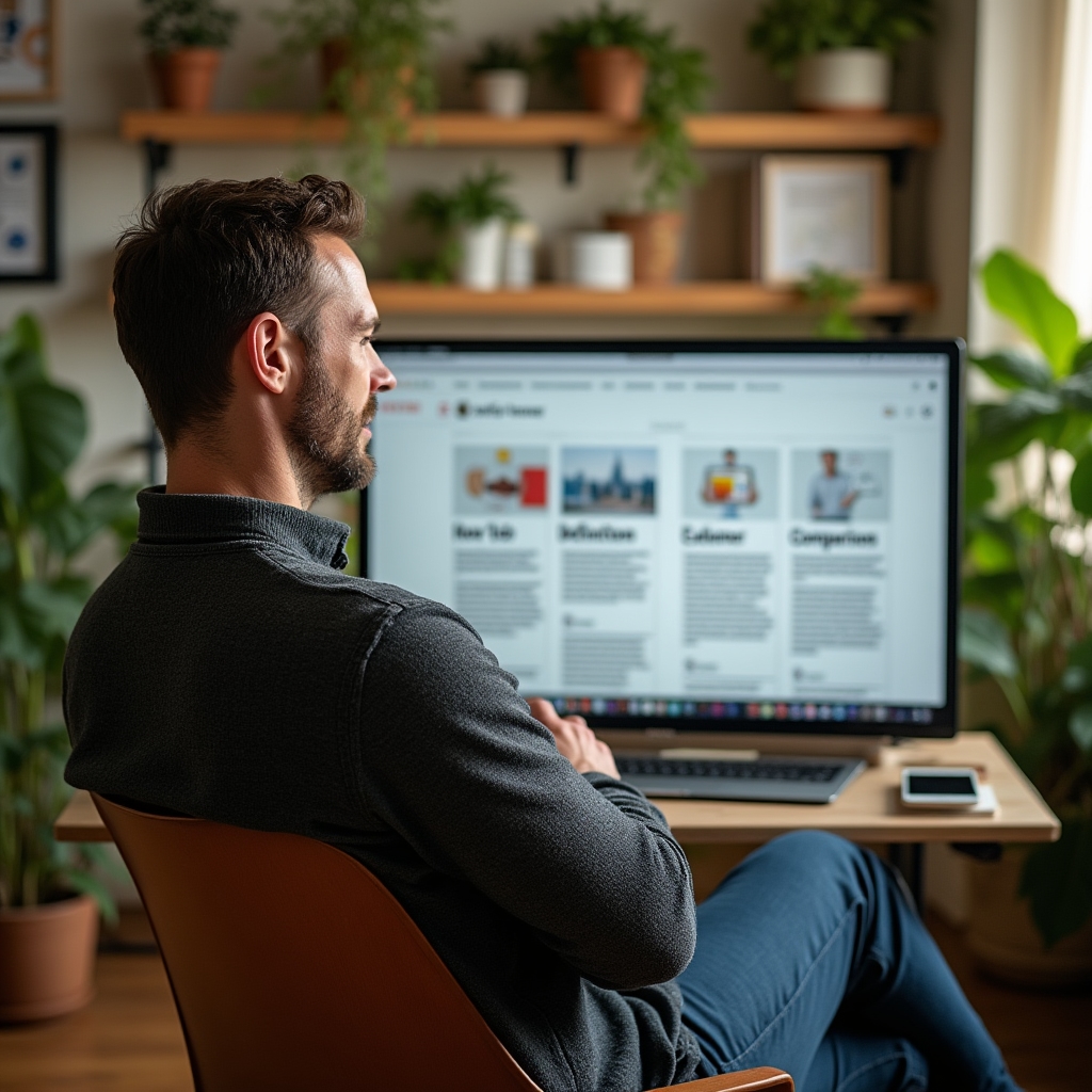 Content strategist reviewing different article formats on a laptop in a bright green office