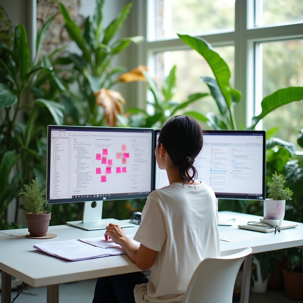 Content strategist reviewing evergreen content plan on a bright desk with plants