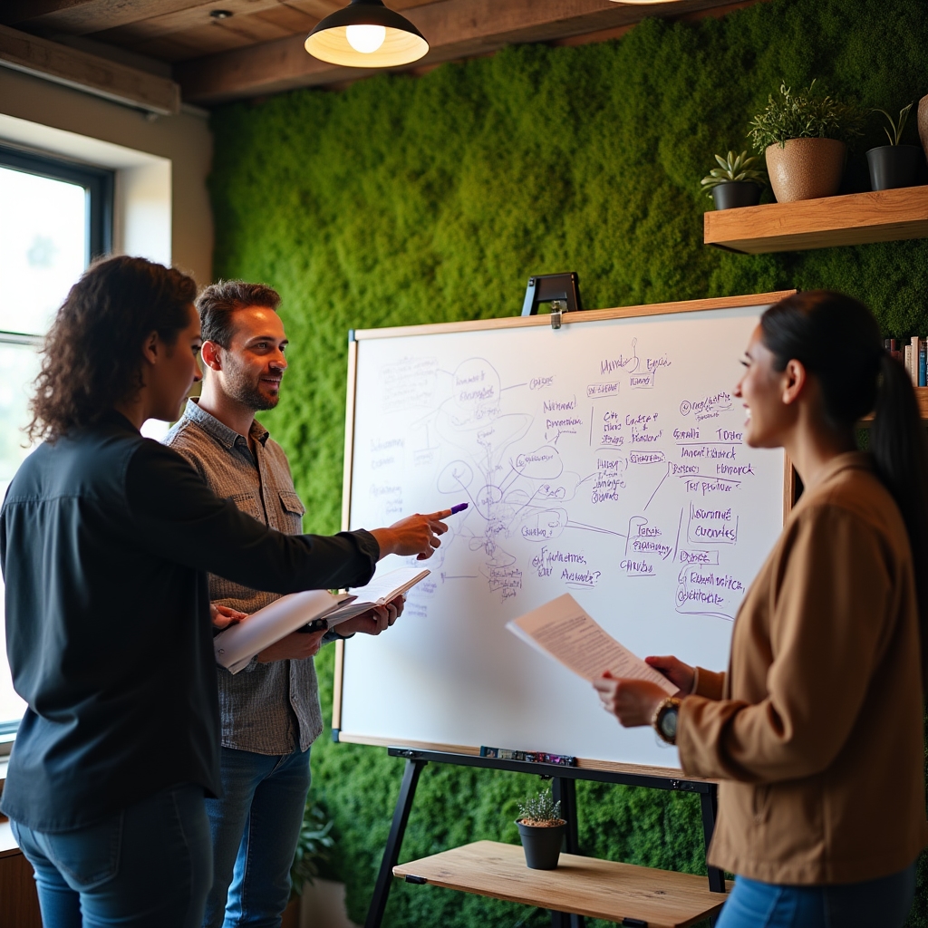 Team mapping evergreen content topics on a whiteboard in a plant-filled office