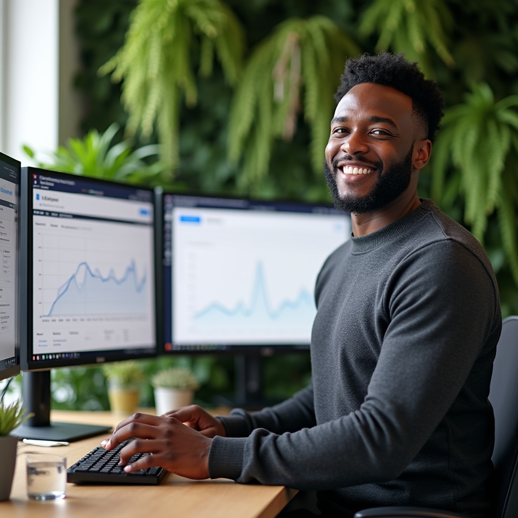 Content strategist conducting topic research on dual monitors in a bright office with greenery